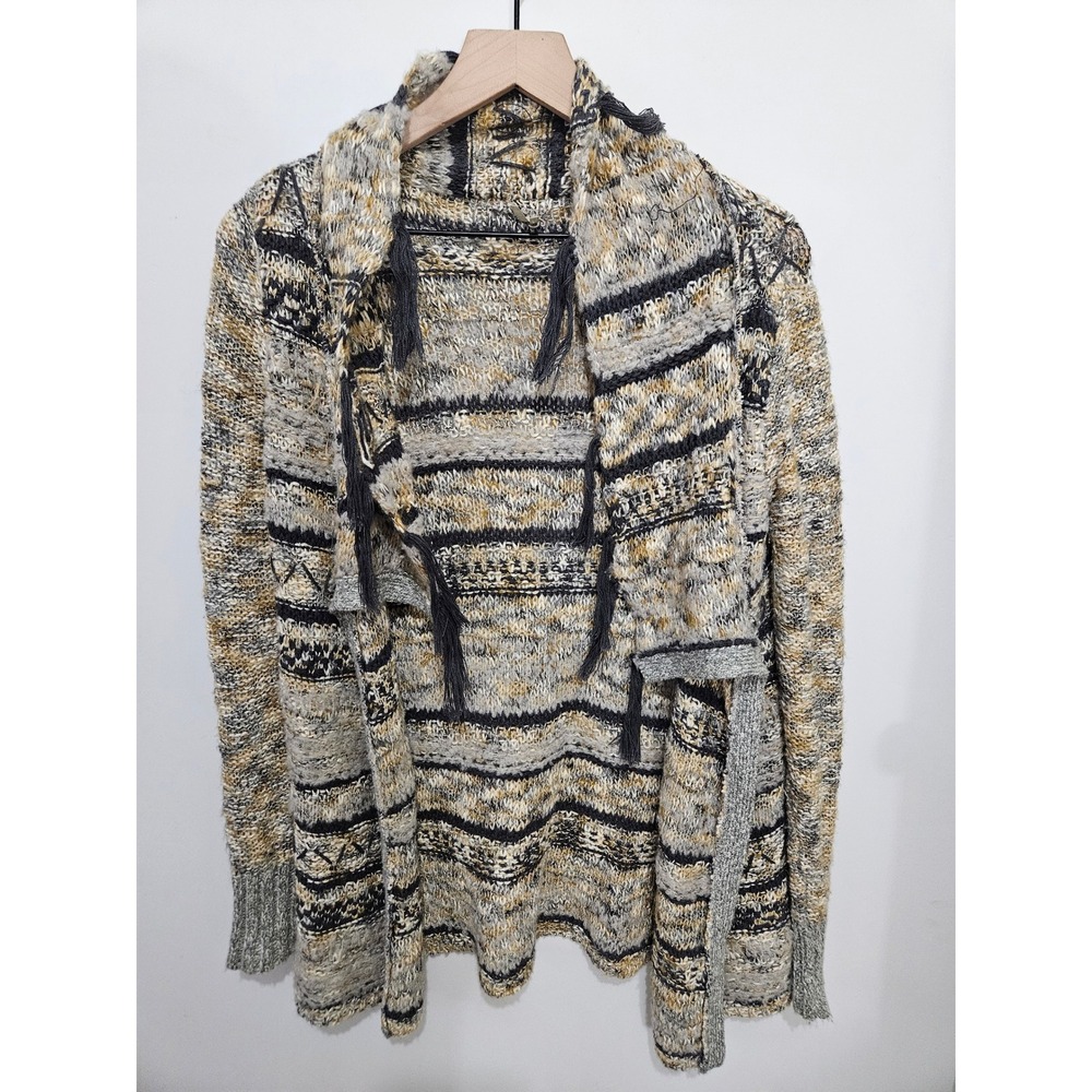 BKE Women Hooded Open Front Cardigan Tassel Knit Sweater Grey Yellow XS